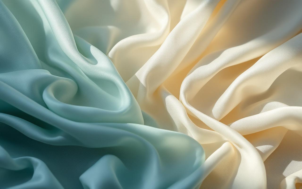 Gros plan de tissus en mousseline et satin qui ondulent, montrant des plis d&eacute;licats et une brillance subtile, &eacute;clairage lat&eacute;ral doux cr&eacute;ant une ambiance a&eacute;r&eacute;e, tons bleus et verts att&eacute;nu&eacute;s sur un arri&egrave;re-plan neutre flou.