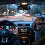 Comment gérer une injection à contrôler avant un départ en famille ? Tableau de bord d’une voiture familiale avec le voyant d’injection allumé, ambiance de départ en vacances, valises dans l’habitacle et lumière cinématographique de fin de journée.