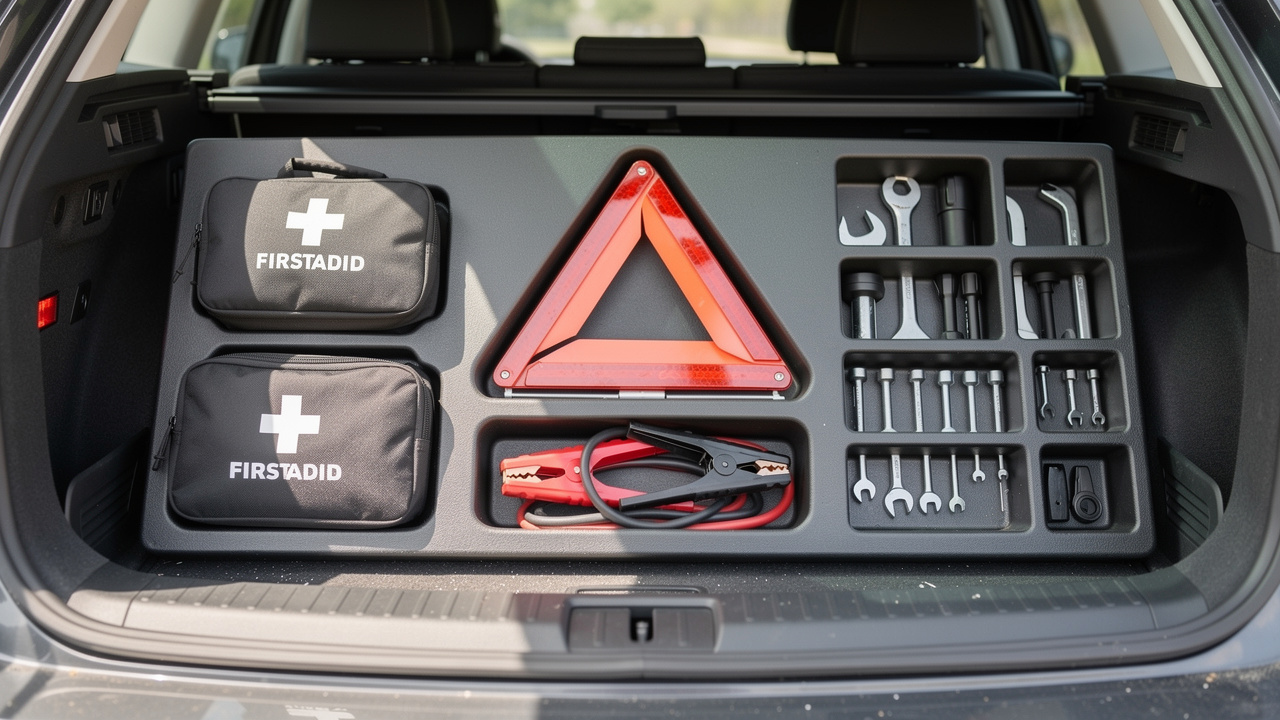 Coffre de voiture organisé avec une trousse de secours, un triangle de signalisation, des câbles de batterie et un organisateur compartimenté.