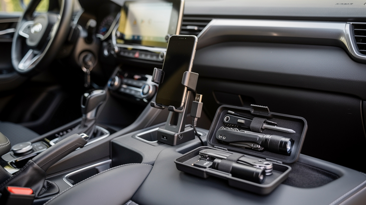 Intérieur de voiture moderne avec accessoires bien rangés sur la console centrale : support pour téléphone, chargeur USB et kit de sécurité clairement visible.