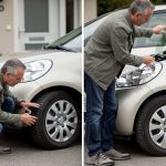 Un homme vérifie les pneus, les feux et le pare-brise de sa voiture garée devant son domicile.