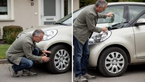 Un homme vérifie les pneus, les feux et le pare-brise de sa voiture garée devant son domicile.