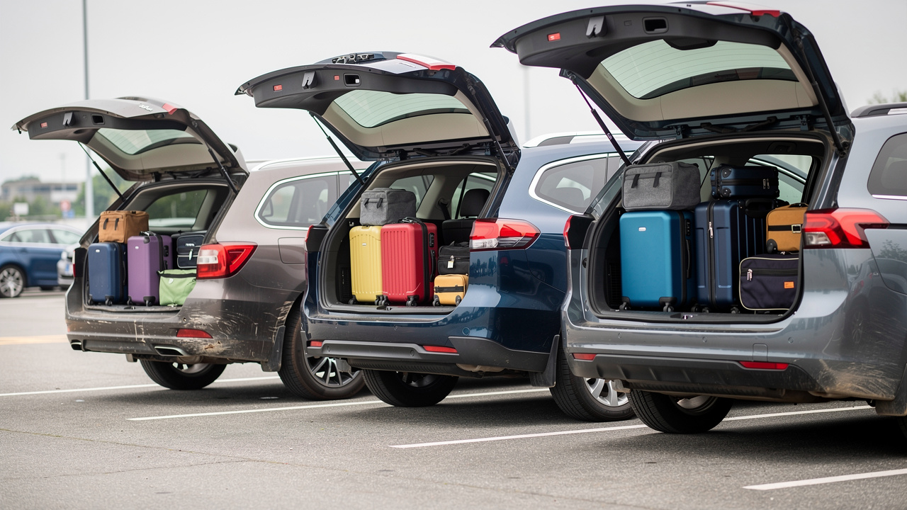 Comparatif visuel de trois voitures familiales d’occasion, un break, un SUV et un monospace, stationnées côte à côte avec leurs coffres ouverts et des bagages soigneusement rangés.