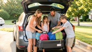 Une famille souriante range des valises et des sacs organisés dans le coffre ouvert d’une voiture avant de partir en vacances.