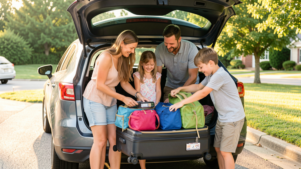 Une famille souriante range des valises et des sacs organisés dans le coffre ouvert d’une voiture avant de partir en vacances.