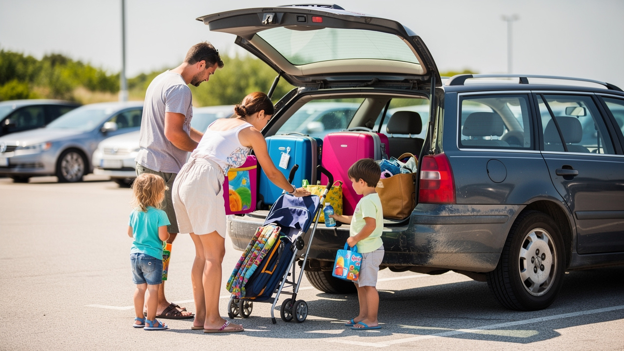 Une famille charge des valises, une poussette pliée et des sacs de plage dans le coffre ouvert d’un break d’occasion, sur un parking lumineux avant les vacances.