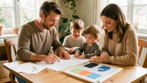 Un homme, une femme et leur jeune enfant examinent des plans de maison vierges et un tableau aux formes colorées sur une table lumineuse, dans une ambiance familiale et chaleureuse.