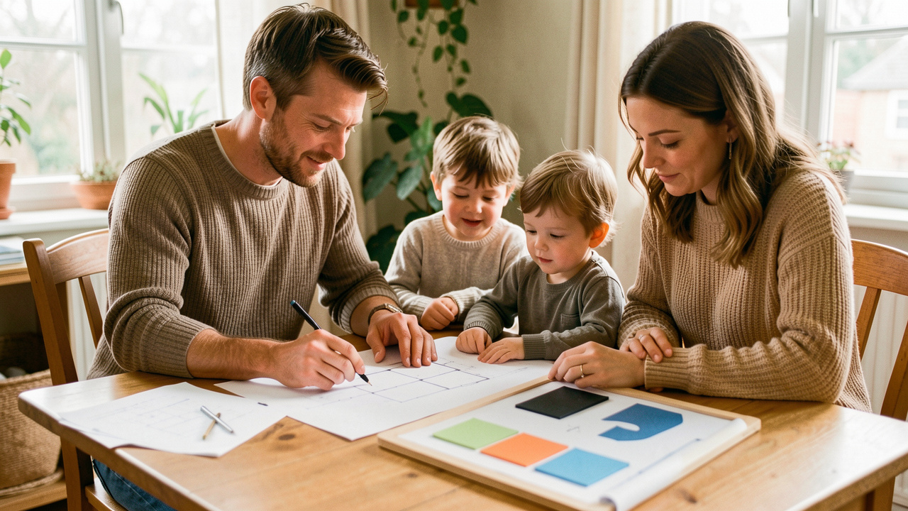Un homme, une femme et leur jeune enfant examinent des plans de maison vierges et un tableau aux formes colorées sur une table lumineuse, dans une ambiance familiale et chaleureuse.
