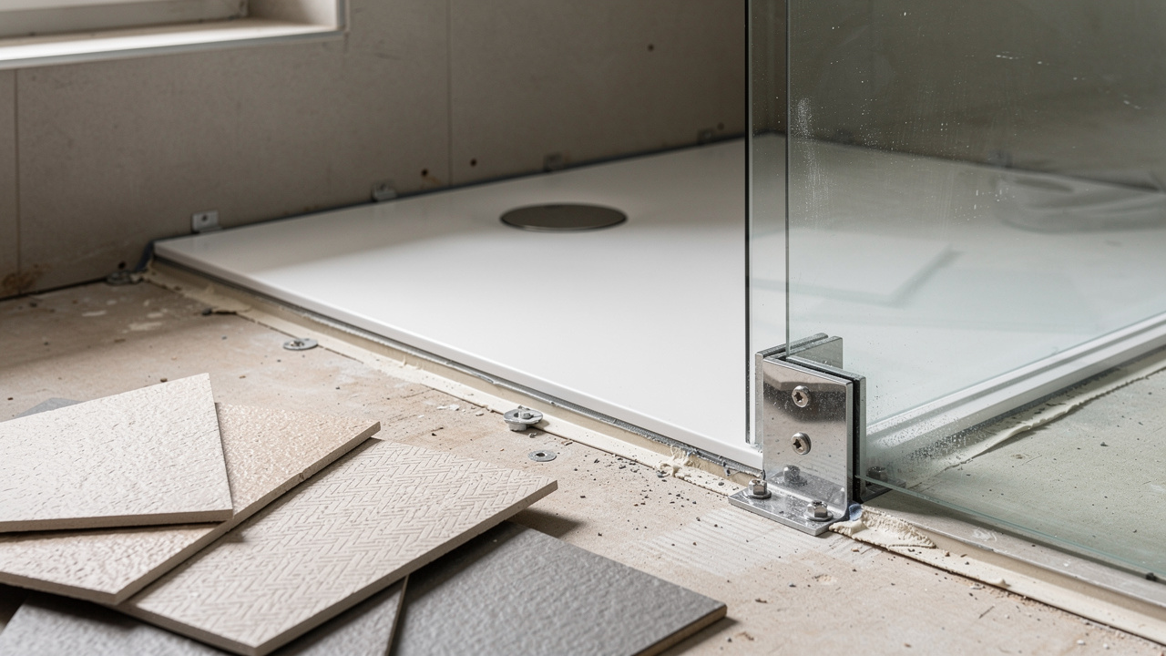 Gros plan réaliste d’une douche à l’italienne en cours de pose, avec receveur extra-plat, bonde visible, paroi en verre et échantillons de carrelage antidérapant.