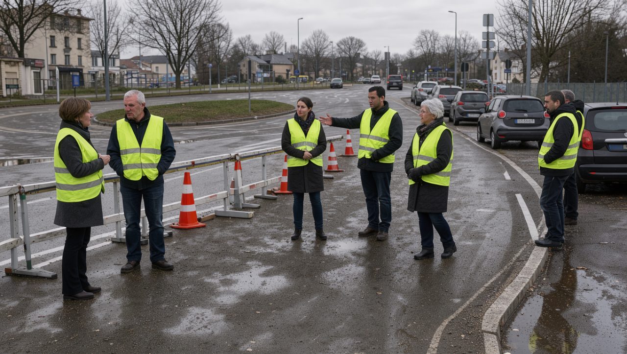 Scène documentaire sobre sur un rond-point brestois en novembre 2018, avec des hommes et des femmes portant des gilets jaunes qui discutent près d’un barrage filtrant.