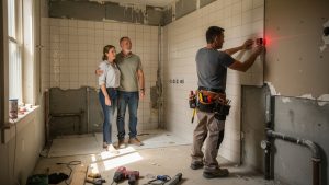 Une femme et un homme propriétaires observent un artisan qui mesure l’emplacement d’une future douche à l’italienne avec un mètre laser dans une salle de bains en rénovation.